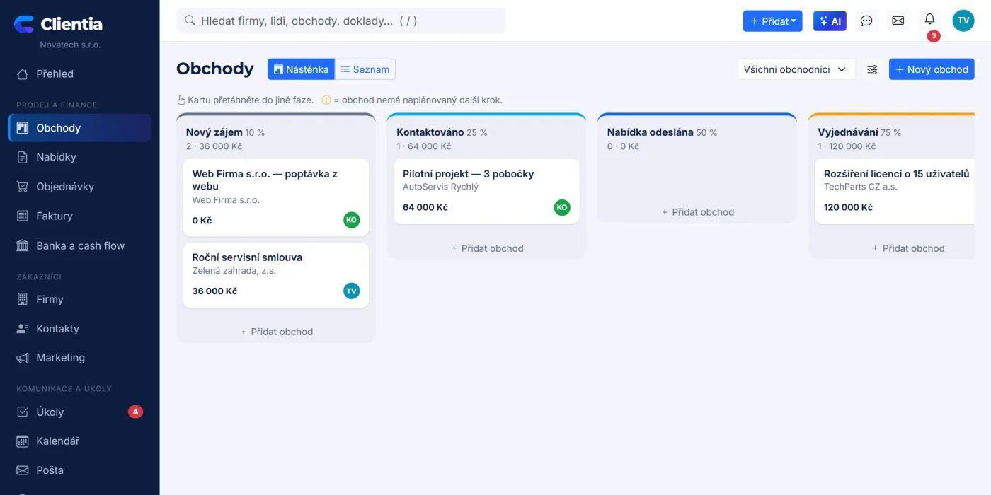 Obchodní nástěnka Clientia s fázemi Nový zájem, Kontaktováno, Nabídka odeslána a Vyjednávání